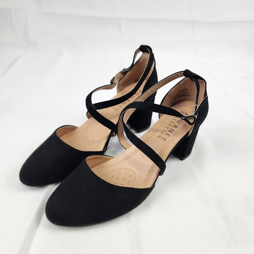 Journee Collection Foster Black Faux Suede Block Heel Ankle Strap Pumps 7.5W